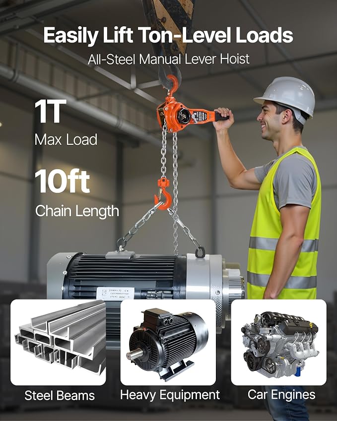 VEVOR Manual Lever Chain Hoist, 1T 2200LBS Capacity Heavy Duty Come Along, 10FT Lift G80 Alloy Steel Chain with Dual Pawl Mechanical Brake,360°Rotating Hooks, for Warehouse Construction Garage