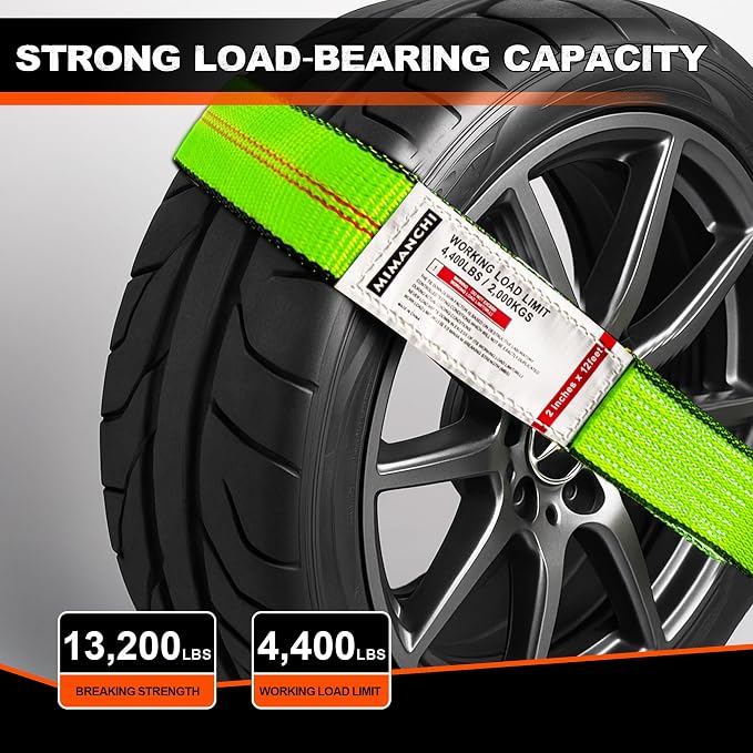 Car Tie Down Straps for Trailers, 4 Pack, 2" x12' Tire Ratchet Straps w/Chain Anchor, 13,200lb Break Strength, Lasso Wheel Straps for Hauling UTV,SUV,Truck