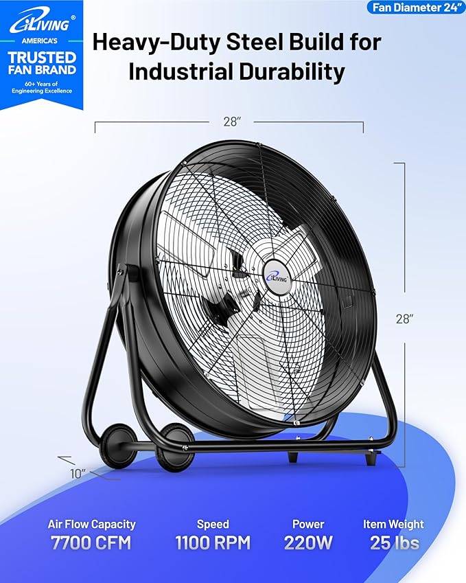 iLIVING 24" High Velocity Drum Fan Industrial, Commercial, Residential Air Circulator for Garage, Shop, Patio, Barn, Greenhouse, Speed Control 7700CFM, UL Listed,Black