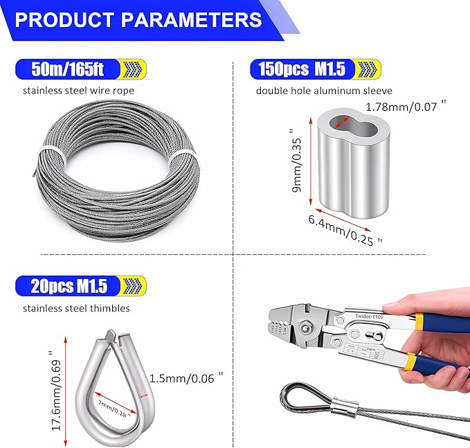 Twidec/Wire Rope Crimping Tool Kit Up To 2.2mm Swaging Tool With 165FT 1/16'' 304 stainless steel Wire Rope And 150PCS 1/16''Aluminum Crimping Loop Sleeve 20PCS Wire Rope Thimbles