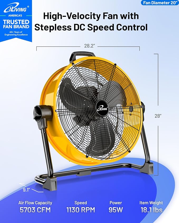 iLIVING 20 Inches 5703 CFM Heavy Duty High Velocity Barrel Floor Drum Fan With DC Brushless Motor,Stepless Speed Adjustment for Workshop, Garage, Commercial or Industrial Environment, UL Safety Listed
