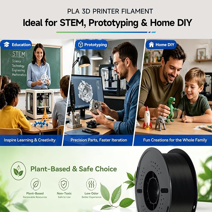 Kingroon PLA 3D Printer Filament, Dimensional Accuracy +/- 0.02 mm, 1 kg Spool(2.2lbs), 1.75 mm，Black