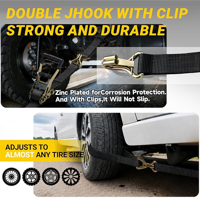 Car Tie Down Straps for Trailers, 4 Pack 2" x 96" Heavy Duty Car Hauler Ratchet Straps, 10,000 lbs Break Strength, Latch J-Hooks & 2" x 36" Axle Straps for Cars, SUVs, Trucks, ATVs & UTVs, Black