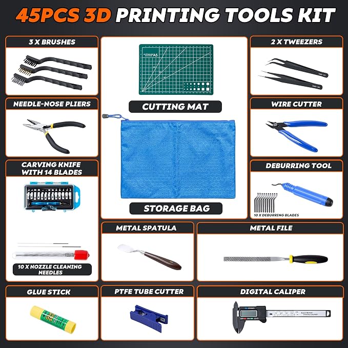 YEETIN 45 Pieces 3D Printer Tools Kit, 3D Printing Accessory Includes Deburring Tool, Digital Caliper, Art Knife Set, Tube Cutter, Storage Bag Suitable for 3D Print Removing, Cleaning, Finishing