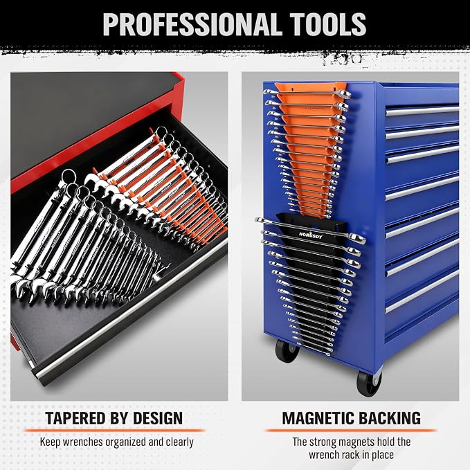 HORUSDY 2-Piece Magnetic Wrench Organizer, 32-Slot Wrench Storage Rack for Toolboxes, Drawer & Garage, SAE (1/4" - 1-1/16") & Metric (6mm - 24mm) Wrench Holder, Black & Orange, 11LBS Capacity