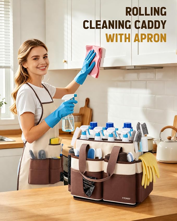 Ytonet Large Cleaning Caddy with 4 Spinner Wheels, Wearable Rolling Cleaning Caddy Bag with Cleaning Apron, Detachable Trolley Portable Cleaning Supplies Organizer Cart for Housekeepers, Car, Tool