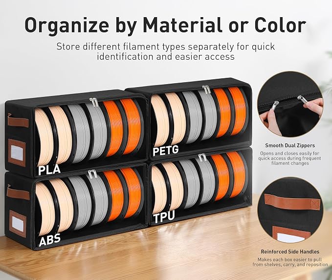 Filament Storage Box 4-Pack, Stackable 3D Printer Filament Storage Container with Reinforced Metal Frame, Visible Window and 10 Desiccant Packs, Holds up to 24 Rolls for Workshop & Studio