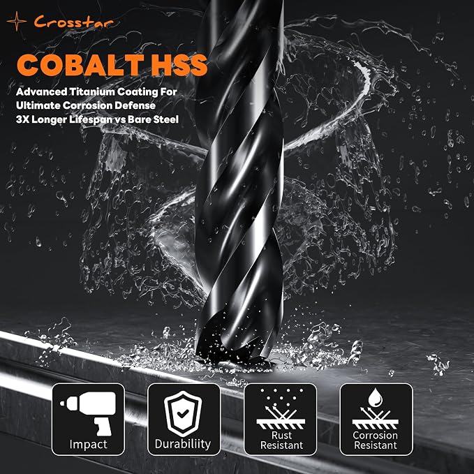 Crosstar M35 Cobalt Drill Bit Set for Hardened Metal & Stainless Steel - Titanium Aluminum Nitride Coated (TiAlN), Three-Flute Design, 10pcs 1/4" Metal Drill Bits