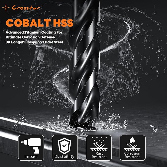 Crosstar M35 Cobalt Drill Bit Set for Hardened Metal & Stainless Steel - Titanium Aluminum Nitride Coated (TiAlN), Three-Flute Design, 5pcs 1/2" Metal Drill Bits