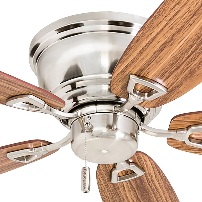 Honeywell Glen Alden 52 Inch Indoor LED Ceiling Fan with No Light, Pull Chain Control, 5 Dual-Finish Blades, Quiet Reversible Motor, Brushed Nickel