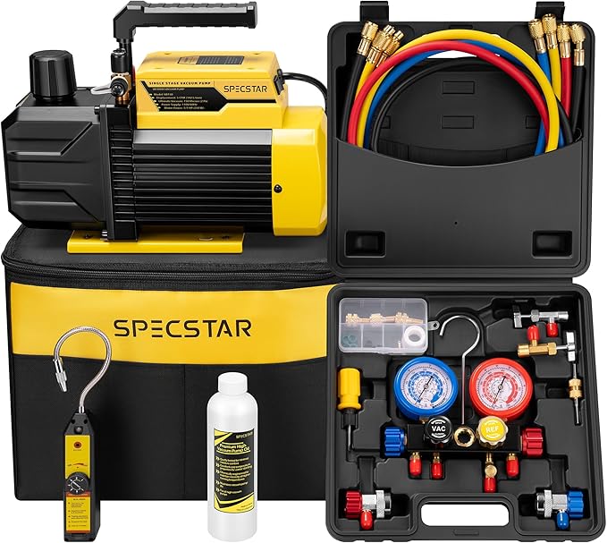SPECSTAR 1/3 HP 5 CFM 1-Stage HVAC Vacuum Pump and 4 Way AC Manifold Gauge Set with Leak Detector 5ft Hoses & Accessories for R134a R12 R22 R502 R410a Auto Air Conditioning Refrigeration Recharging