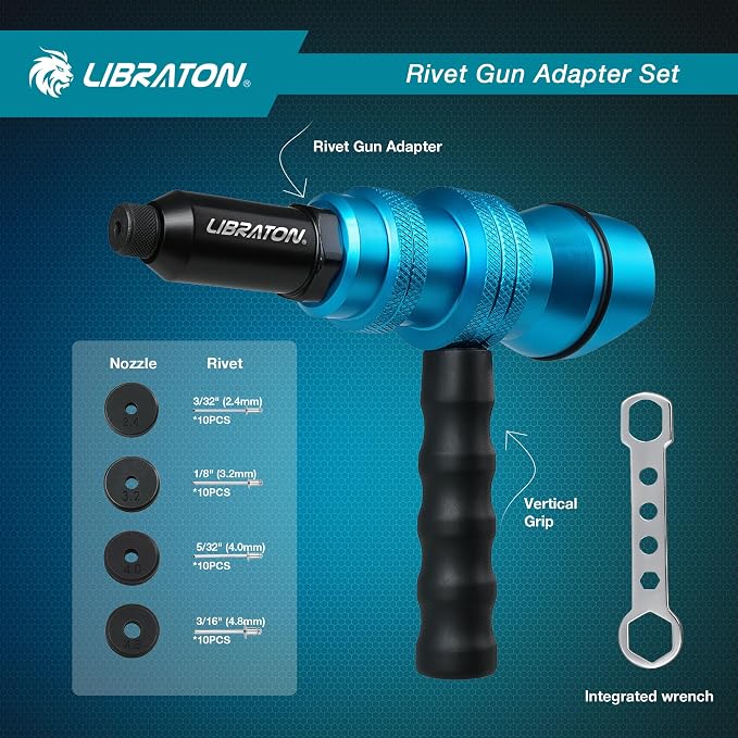 Libraton Rivet Gun Adapter, Rivet Gun Adapter for Electric Drill, Rivet Drill Attachment, for Cordless Electric Power Drill, with Handle, Easy processing for Pop Rivets, 3/32" 1/8" 5/32" 3/16"