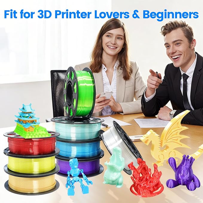 MIKA3D 1.75mm 3D Printer Silk Shiny PLA Filament 8 Spools Bundle, Silk Luster Red Orange Yellow Green Cyan Blue Purple White 8 Most Popular Shining Colors, 0.25kg/Spool, Total 2kg