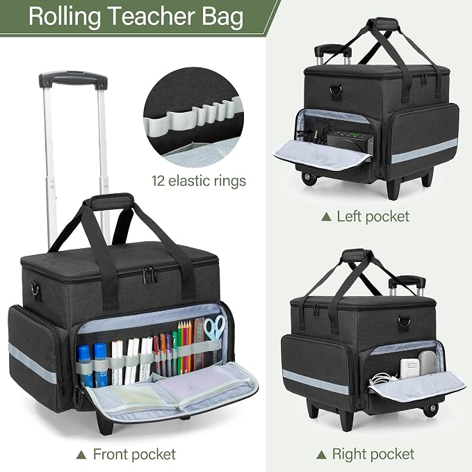 CURMIO Rolling Teacher Tote Bag with Wheels, Teaching Work Bag with Padded Sleeve for up to 14” Laptop for Teaching, Office, Black(Bag Only)