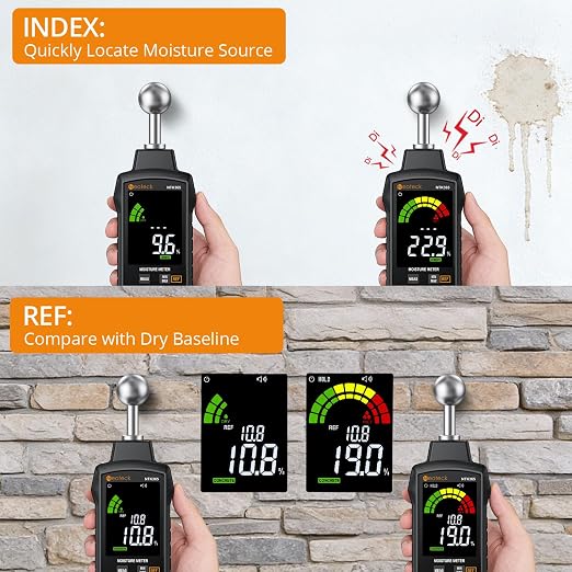 Neoteck Moisture Meter with REF Comparison, ±2.5% Accuracy Pinless Non-Destructive Moisture Detector with 5-40mm Measuring Depth,3-Color Warning Display,5 Modes for Wood Concrete Cement Plaster