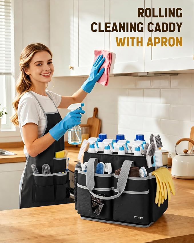 Ytonet Wearable Rolling Cleaning Caddy Bag with Cleaning Apron, Large Cleaning Caddy with 4 Spinner Wheels, Detachable Trolley Portable Cleaning Supplies Organizer Cart for Housekeepers, Utility Bag