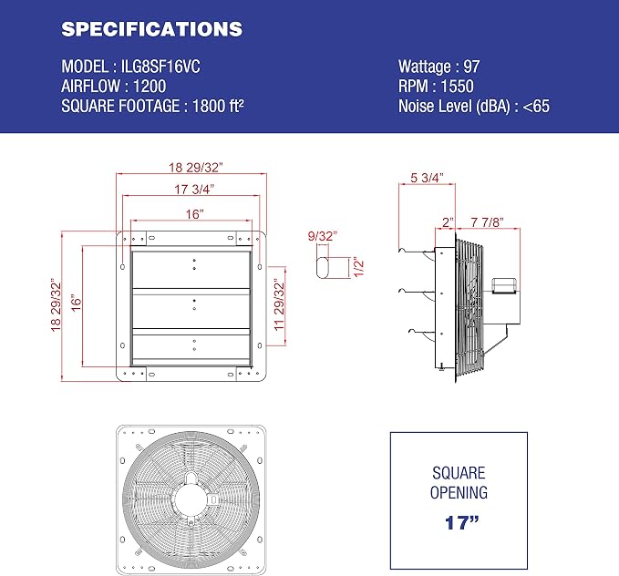 iLIVING ILG8SF16VC Shutter Mount Exhaust Fan, Silver