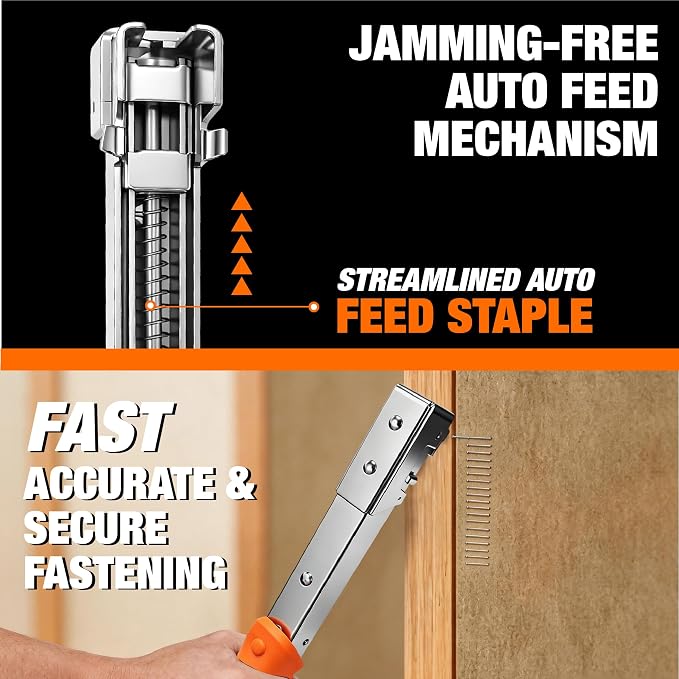 Hammer Tacker Kit, Manual Hammer with 1200 Staples & Gloves | T50 compatible, all steel construction with chrome for upholstery, woodworking, furniture repair and DIY, 1/4" & 5/16"