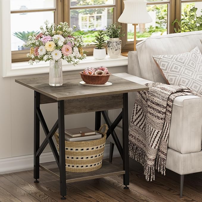 GreenForest Square End Table 24 Inch with X-Frame 2-Tier Storage | Nightstand for Living Room & Bedroom, Rustic Decor, Sturdy, Waterproof Scratchproof Top, Easy Assembly, Gray Wash