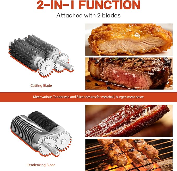 Manual Meat Tenderizer Jerky Slicer - 2 in 1 Commercial Meat Tenderizer Machine, Stainless Steel Tenderizing Blade and Jerky Slicer Blade for Beef and Chicken, Black