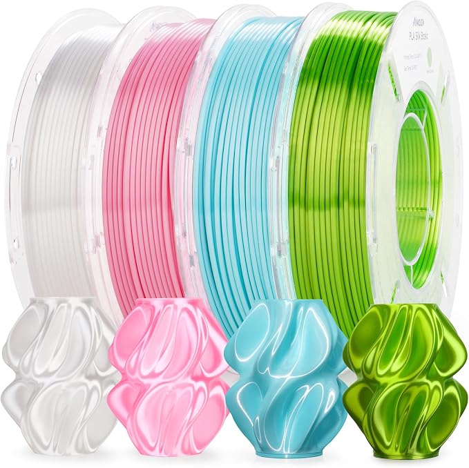 AMOLEN PLA 3D Printer Filament,PLA Filament 1.75mm,Silk Filament Bundle,White,Sakura Pink,Neon Green,Baby Blue, 3D Printing Filament Bundle, 200gX 4 Spools