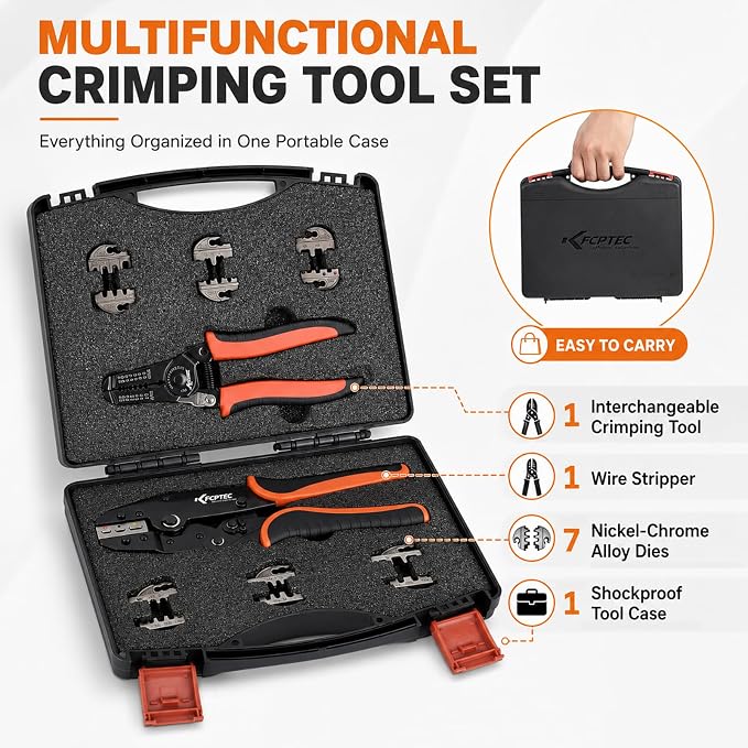 KF CPTEC 9PCS Quick-Change Wire Crimper Kit, Ratcheting Crimping Tool Set with Interchangeable Jaws, AWG 22-2, for Heat Shrink, Ferrules, Open Barrel, Insulated & Solar Connectors