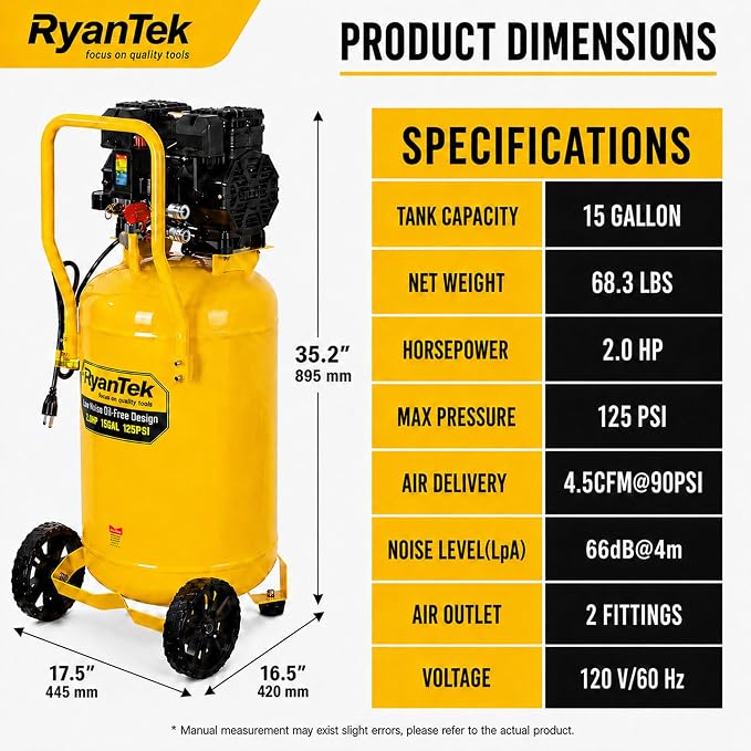 15-Gallon Air Compressor,2HP,Vertical Tank, 4.5CFM@90PSI,Quiet 66dB Twin Cylinder, Oil-Free, for Inflation, Nail Guns,Auto Repair, Painting, Woodworking and Home Use(Maximum Pressure 125 PSI)