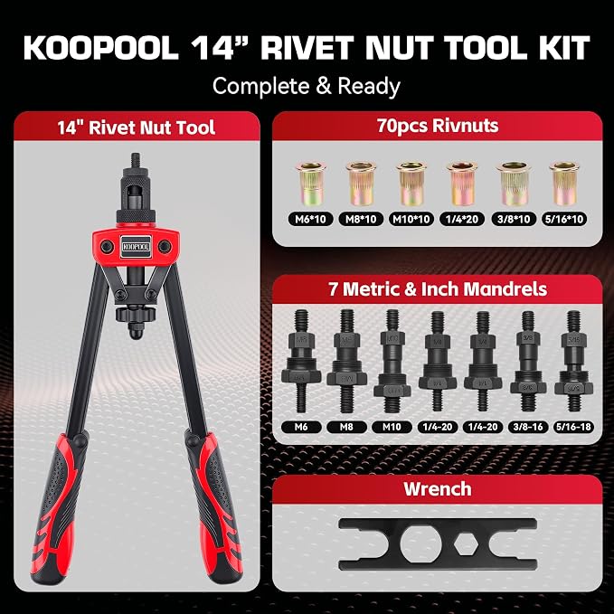 KOOPOOL 14" Rivet Nut Tool Kit, Heavy-Duty Rivnut/Nutsert Tool with 7 Mandrels (M6, M8, M10, 1/4"-20×2, 5/16"-18, 3/8"-16) & 70 Rivet Nuts, Rugged Rivnut Tool Kit with Carrying Case (14")