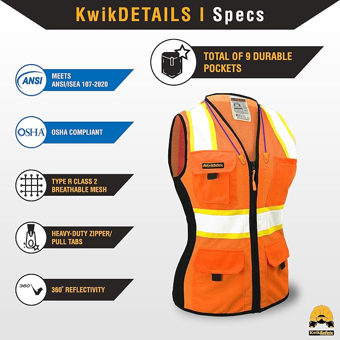 KwikSafety FIRST LADY Safety Vest for Women [Orange, Medium] + TORTOISE Full Brim Hard Hat Bundle