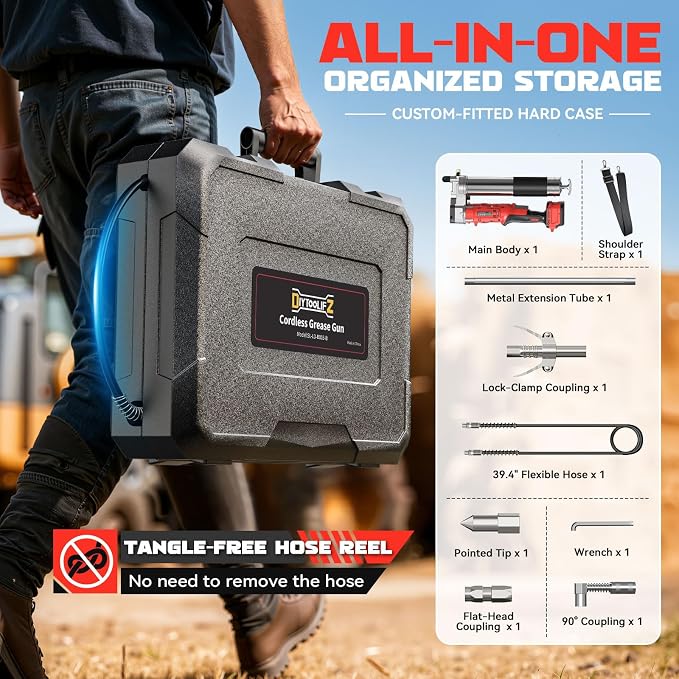 DIYtoolifz Cordless Grease Gun Compatible with Milwaukee 18V Battery, 12000PSI High-Pressure with 2-in-1 Rotating Handle, 39.4" Hose & 4 Couplers for Bulk & Cartridge Grease (Tool Only)