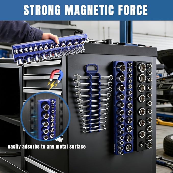 9PCS Magnetic Socket Organizer & Magnetic Wrench Organizer Set | 3 Color Socket Holder for 1/4” 3/8” 1/2” Metric SAE, Socket&Wrench Holder for Tool Box Drawer, Socket Wrench not Included