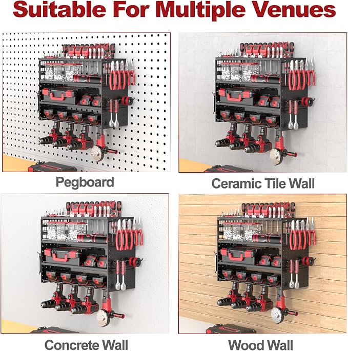 Power Tool Organizer Wall Mount - 4 Layer Metal Power Tool Storage Rack, Cordless Tool Holder with 4 Hooks, Utility Storage Rack for Garage Workshop Shed Pegboard