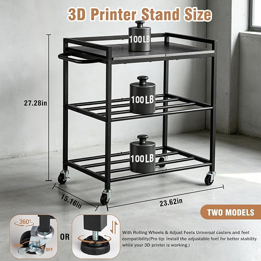 3D Printer Stand with Filament Storage, 3-Tier 3D Printer Desk Table Black | Wood Shelves, Wheels and Foot Pads, Compact Printer Shelf for Small to Medium Printers, Tools, PLA and Resin Storage