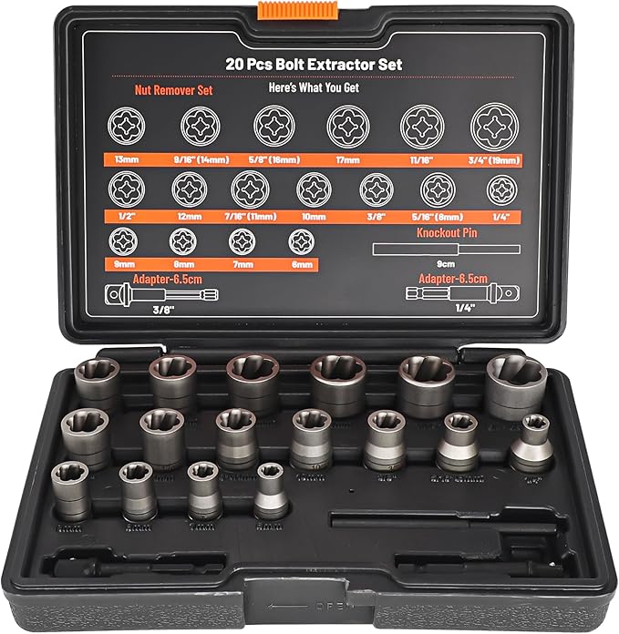 Bolt Extractor Set, 20Pcs Stripped Bolt Remover Lug Nut Extractor Set, Lug Nut Remover for Broken Damaged Rounded-Off Bolts, Nuts, Bolts, Studs, Threaded Tubes