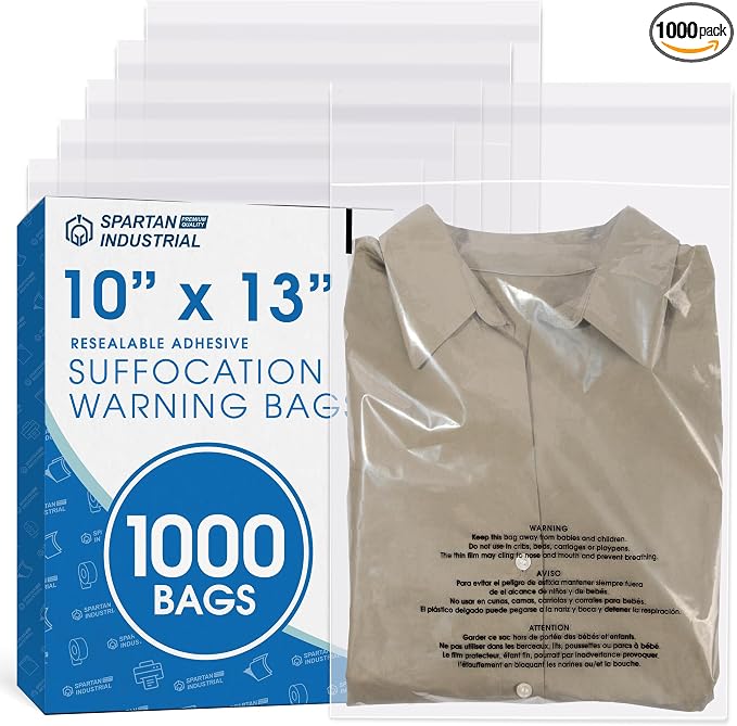 Spartan Industrial - 10” X 13” (1000 Count) Self Seal Clear Poly Bags with Suffocation Warning for Packaging, T Shirts - Resealable Glue