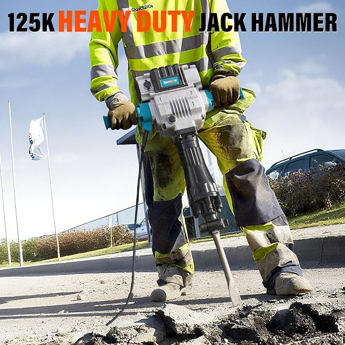 Berserker 2100W 50-Pound Demolition Jack Hammer 125K with 1-3/16" Hex,17Amp | Full-Size Heavy duty Corded Electric Concrete/Pavement Breaker with Wheeled Carrying Case, Flat Chisel, Bull Point Chisel
