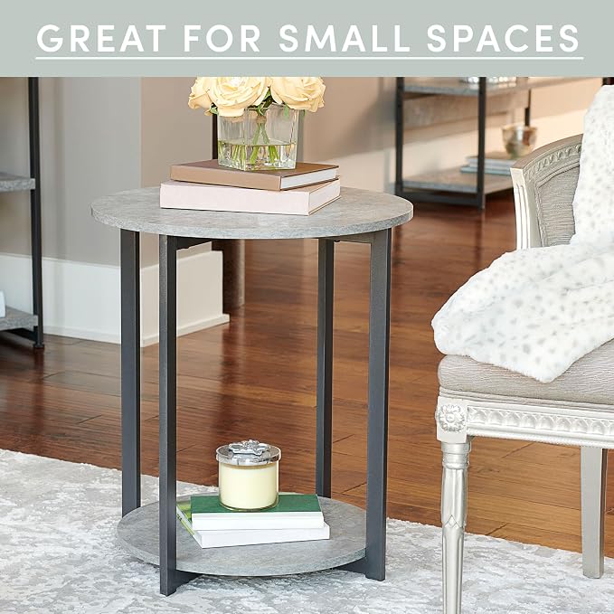 Household Essentials Jamestown Round Side End Table with Storage Shelf Rustic Slate Concrete and Black Metal