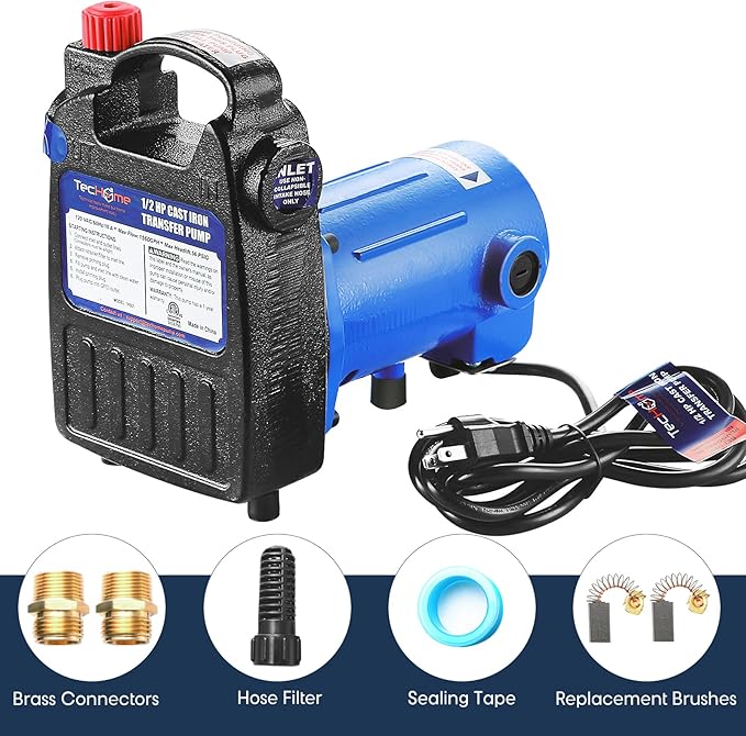 TecHome 1/2 HP Cast Iron Transfer Pump, 120V 1560GPH Water Pump, High Pressure Transfer Pump with Suction Strainer and Brass Connectors.