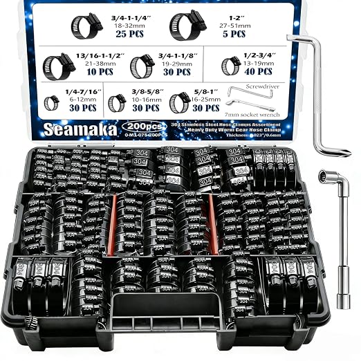 Black Hose Clamp Assortment 202PCS 304 Stainless Steel Hose Clamp Kit 1/4"–2"(6-51mm) Worm Gear Hose Clamps Small Hose Clamps for Automotive Radiator Pipe,Plumbing,Fuel Line