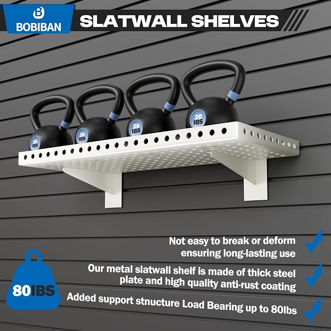 2 Pack Slatwall Shelves, Heavy Duty White Metal Slat Wall Shelf for Retail, Garage, Home Storage, 80 lbs Load Capacity, Universal Slatwall Accessories(10 x 24 Inch-2, White)