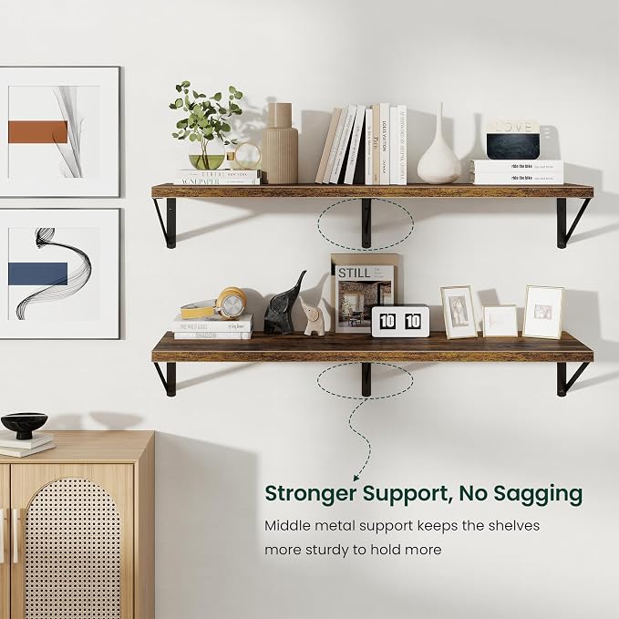 Floating Shelves 12 Inch Deep, 48W x 12D Wall Shelf Set of 2, 70 lbs Heavy Duty Reversible Metal Brackets, Industrial Book Shelf for Living Room Kitchen Bath Bedroom Coffee Bar, Rustic Brown