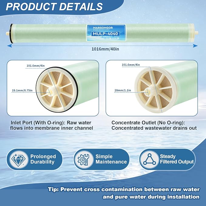 ULP-4040 Membrane, 4"×40" Ultra Low Pressure RO Membrane, NSF Certified, 2600 GPD, 99.3% Salt Rejection, TDS ≤2000 ppm, Replacement Element for Tap, Well, Ground & Municipal Commercial Water Treatment