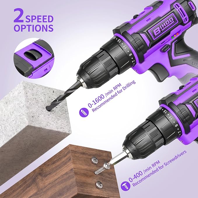 Purple Cordless Drill Set,20V Drill Driver with Battery and Charger,3/8-Inch Keyless Chuck, Variable Speed,with Drills Bits Set