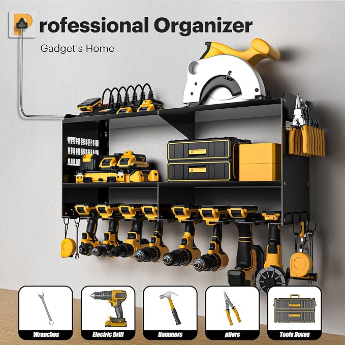 Spampur Power Tool Organizer Wall Mount with Charging Station, 15 Min Assembly & Maximum 420lb Load by Heavy Duty Metal, 8 Slots for Cordless Drill, Tool Battery Holder with 6 Outlet Power Strip