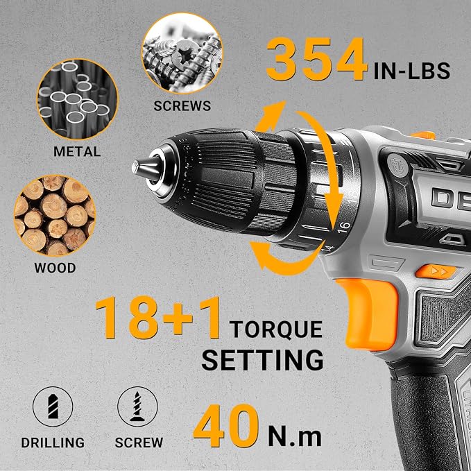 Power Drill Cordless: DEKOPRO 20V Electric Drills with 3/8-Inch Keyless Chuck, Variable Speed, Power Cordless Drill Set Tool with 2 Batteries, Charger&30 Accessories(Gray)