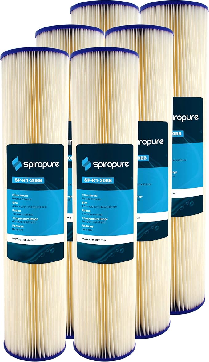 SpiroPure 20x4.5 1 Micron Pleated Sediment Water Filter SPC-45-2001, 6 Pack