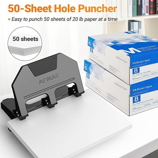 AFMAT 3 Hole Punch Heavy Duty, 9/32" Hole Diameter, 50-Sheet 3 Hole Puncher for Binder, 50% Reduced Effort, Metal Three Hole Punch w/ 10,000+ Uses, Bulit-in S.S. Paper Guide, Large Chip Tray, HPX5