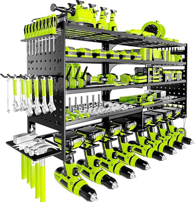 5 Layers Power Tool Organizer Wall Mount, Metal Cordless Tool Hanger Storage Rack Holder with 8 Drill Holders, Heavy Duty Garage Wall Tool Shelf for Workshop Tool Room Shed Pegboard (Black)