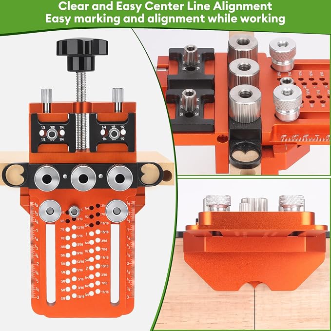 Adjustable Dowel Jig Kit, Drill Guide with Quick Positive Stop & Clamp – Fits 1/4, 3/8, 1/2 Inch Dowel Holes, Dowel Jig for Woodworking Fit All Kinds Wood Dowel Joints, for Cabinet, Furniture