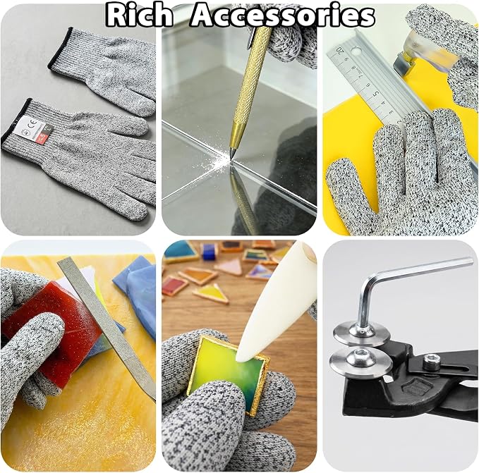 MEEFAUE 24PCS Stained Glass Kit, Professional Glass Cutters Tools Kit with Wheeled Glass Nipper, Running ＆ Grozer Pliers, 2-20mm Glass Cutter, Cutting Oil, Safety Gloves & Ruler for Mosaic,Tile,DIY